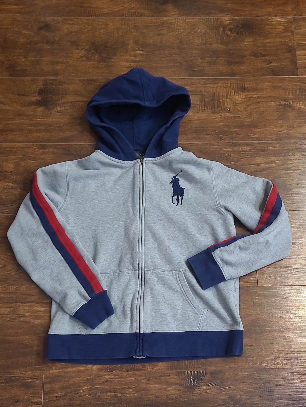 Polo by Ralph Lauren Grey Zip Hoodie with Navy Hood & Red Stripe Cotton Sz 14/16